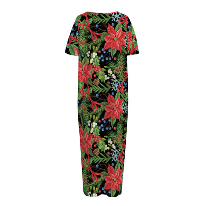 Xmas Poinsettia Pattern Print Short Sleeve Long Nightdress