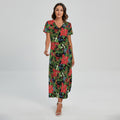 Xmas Poinsettia Pattern Print Short Sleeve Maxi Dress