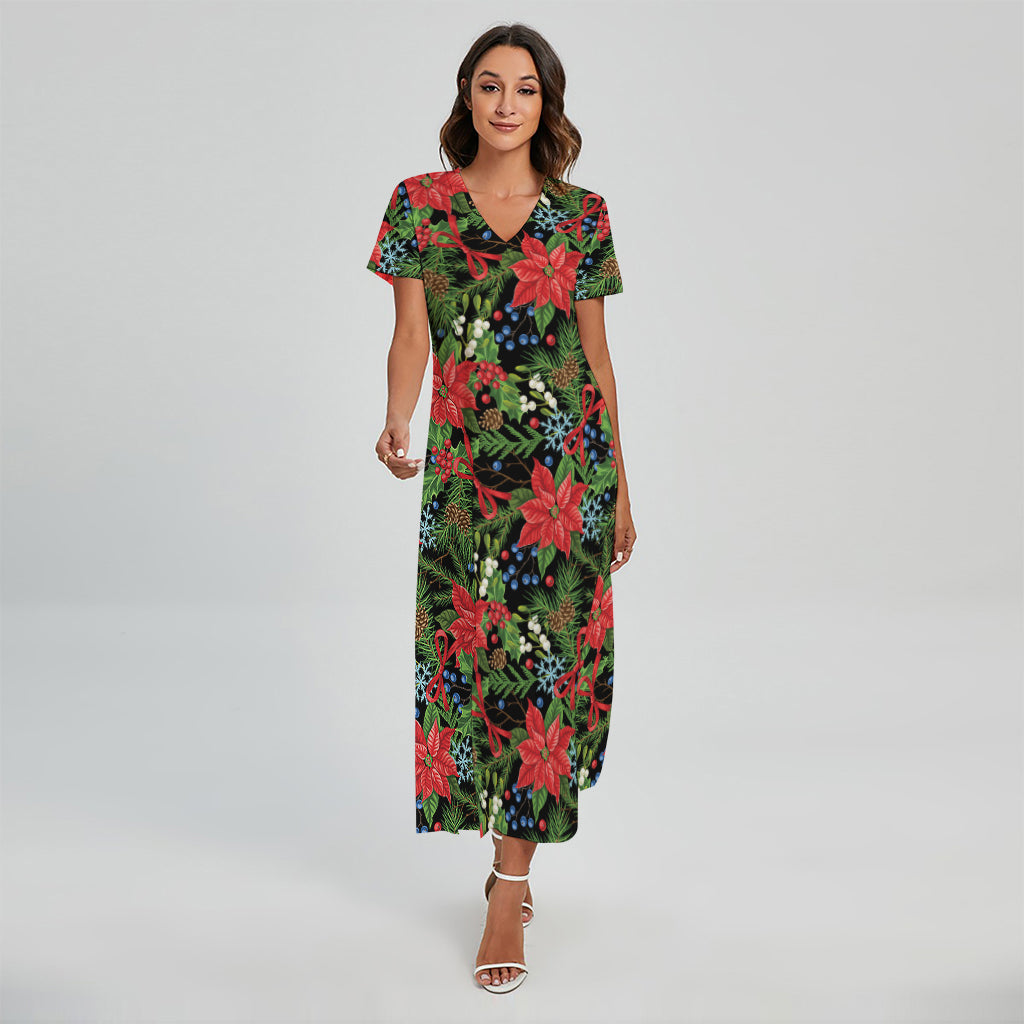 Xmas Poinsettia Pattern Print Short Sleeve Maxi Dress