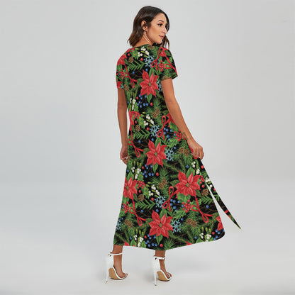 Xmas Poinsettia Pattern Print Short Sleeve Maxi Dress