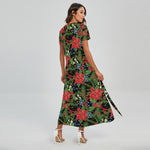 Xmas Poinsettia Pattern Print Short Sleeve Maxi Dress