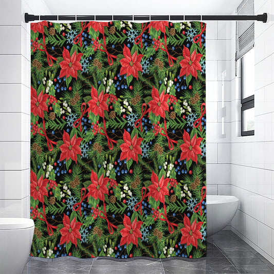 Xmas Poinsettia Pattern Print Shower Curtain