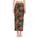 Xmas Poinsettia Pattern Print Side Slit Maxi Skirt