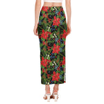 Xmas Poinsettia Pattern Print Side Slit Maxi Skirt