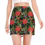 Xmas Poinsettia Pattern Print Side Slit Mini Skirt