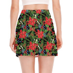 Xmas Poinsettia Pattern Print Side Slit Mini Skirt