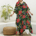 Xmas Poinsettia Pattern Print Silk V-Neck Kaftan Dress