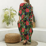 Xmas Poinsettia Pattern Print Silk V-Neck Kaftan Dress