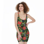 Xmas Poinsettia Pattern Print Sleeveless Bodycon Dress