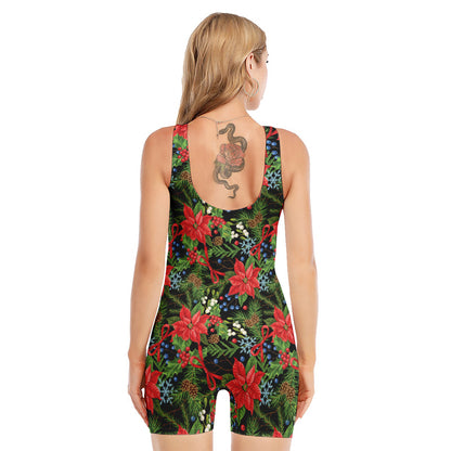 Xmas Poinsettia Pattern Print Sleeveless One Piece Swimsuit