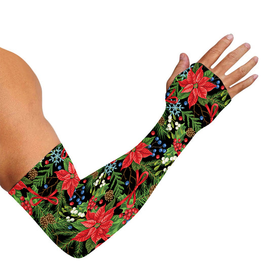 Xmas Poinsettia Pattern Print Sun Protection Arm Sleeves