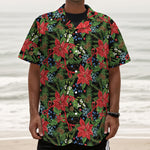 Xmas Poinsettia Pattern Print Textured Short Sleeve Shirt
