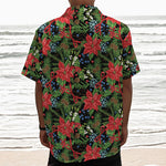 Xmas Poinsettia Pattern Print Textured Short Sleeve Shirt