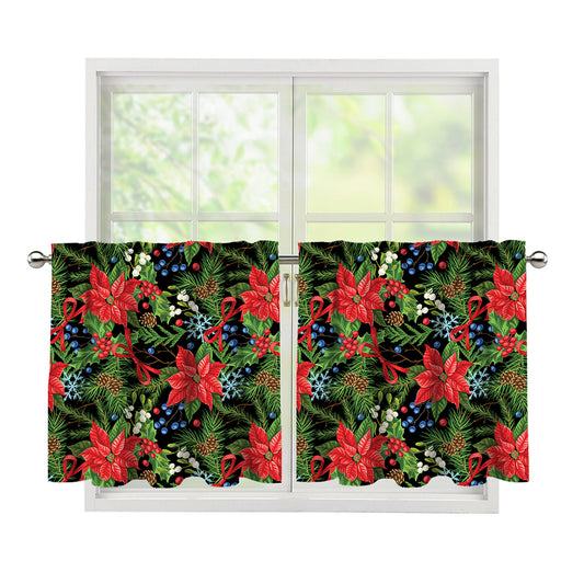 Xmas Poinsettia Pattern Print Tier Curtains
