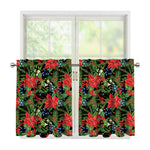 Xmas Poinsettia Pattern Print Tier Curtains