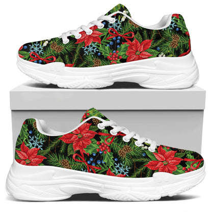 Xmas Poinsettia Pattern Print White Chunky Shoes