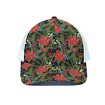 Xmas Poinsettia Pattern Print White Mesh Trucker Cap