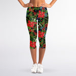 Xmas Poinsettia Pattern Print Women's Capri Leggings