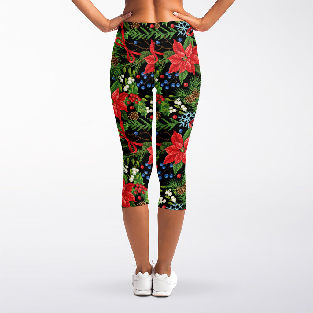 Xmas Poinsettia Pattern Print Women's Capri Leggings