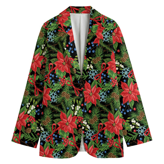 Xmas Poinsettia Pattern Print Women's Cotton Blazer