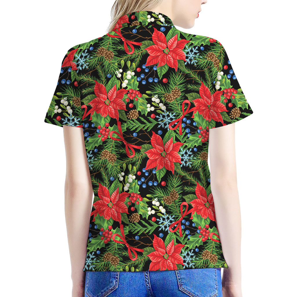 Xmas Poinsettia Pattern Print Women's Polo Shirt