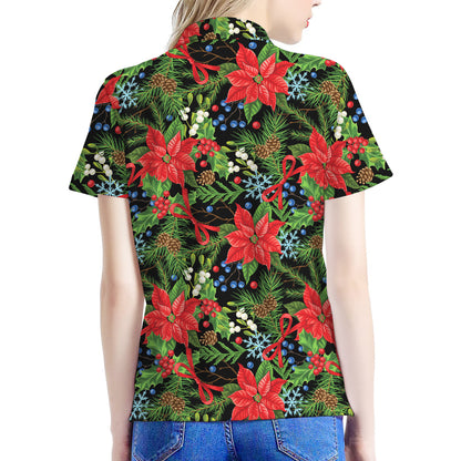 Xmas Poinsettia Pattern Print Women's Polo Shirt