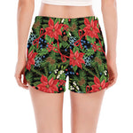 Xmas Poinsettia Pattern Print Women's Split Running Shorts