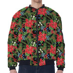 Xmas Poinsettia Pattern Print Zip Sleeve Bomber Jacket