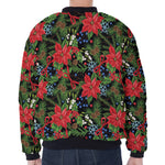 Xmas Poinsettia Pattern Print Zip Sleeve Bomber Jacket