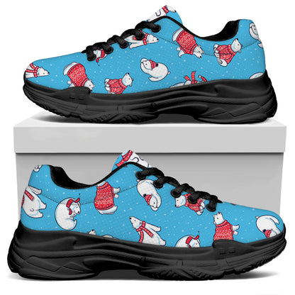 Xmas Polar Bear Pattern Print Black Chunky Shoes
