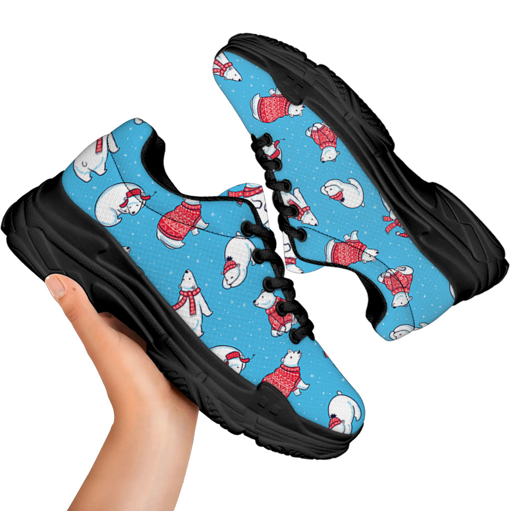 Xmas Polar Bear Pattern Print Black Chunky Shoes