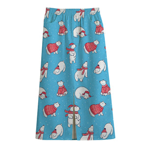 Xmas Polar Bear Pattern Print Cotton Front Slit Maxi Skirt