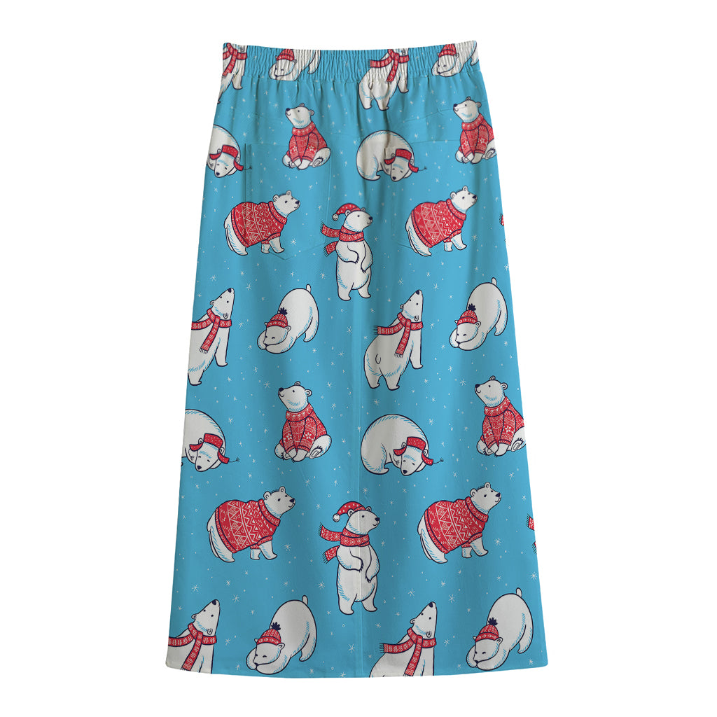 Xmas Polar Bear Pattern Print Cotton Front Slit Maxi Skirt