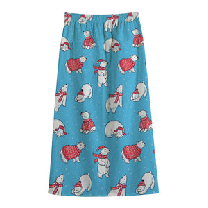 Xmas Polar Bear Pattern Print Cotton Front Slit Maxi Skirt