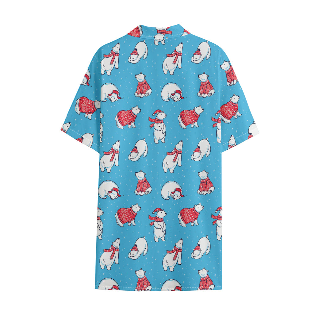 Xmas Polar Bear Pattern Print Cotton Hawaiian Shirt