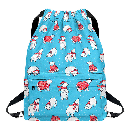 Xmas Polar Bear Pattern Print Drawstring Backpack
