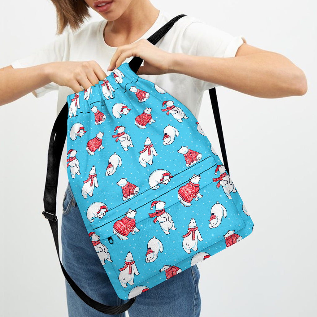 Xmas Polar Bear Pattern Print Drawstring Backpack