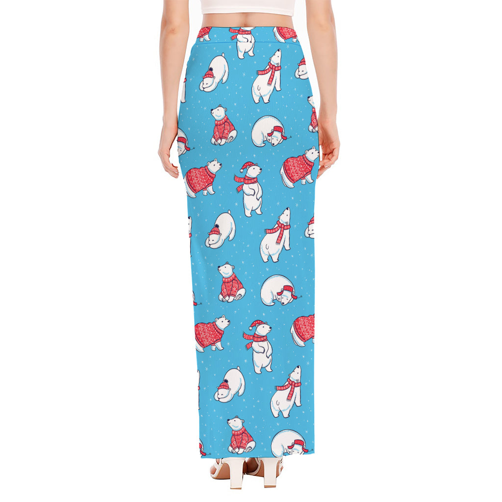 Xmas Polar Bear Pattern Print High Slit Maxi Skirt