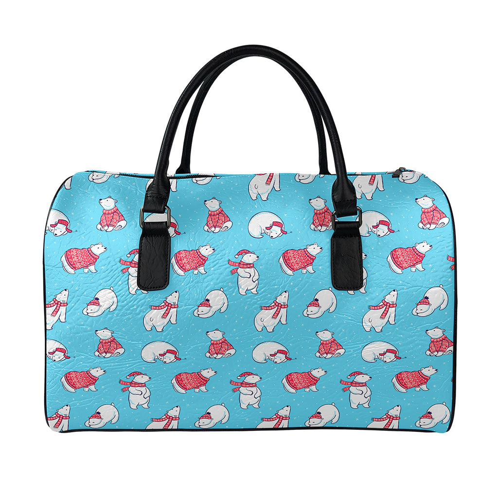 Xmas Polar Bear Pattern Print Leather Duffle Bag