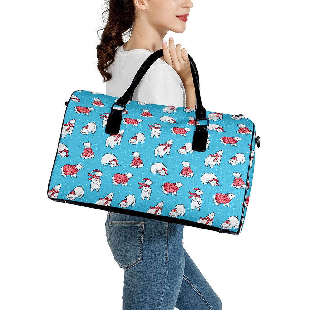 Xmas Polar Bear Pattern Print Leather Duffle Bag