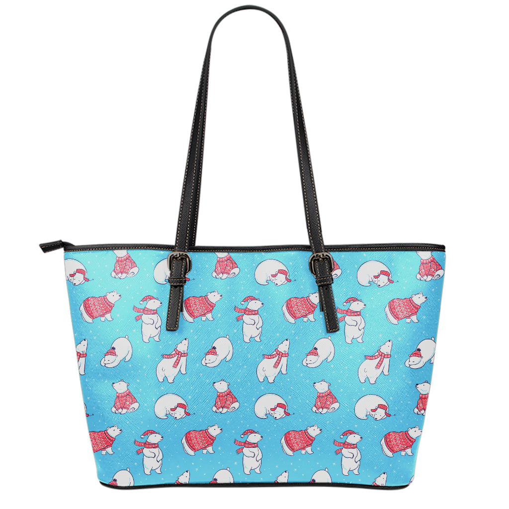 Xmas Polar Bear Pattern Print Leather Tote Bag