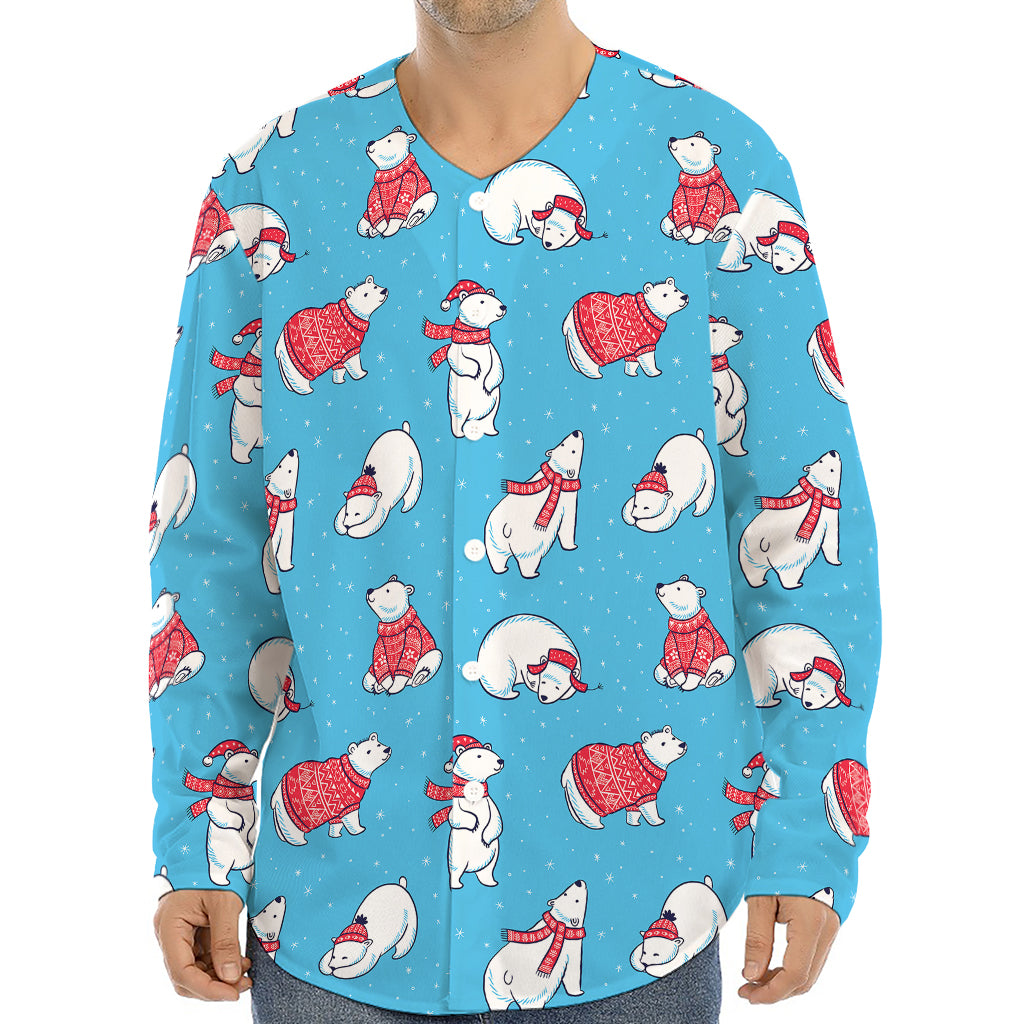 Xmas Polar Bear Pattern Print Long Sleeve Baseball Jersey