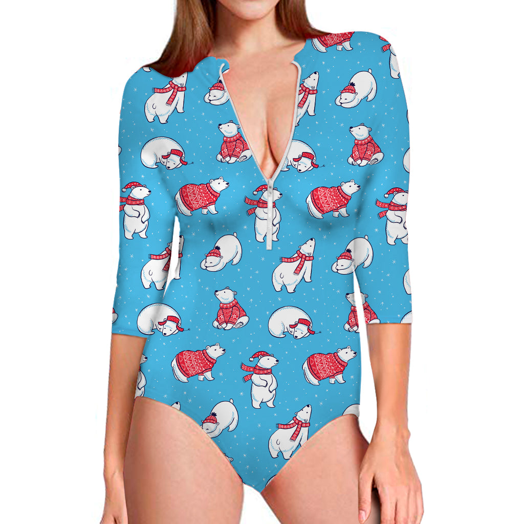 Xmas Polar Bear Pattern Print Long Sleeve Swimsuit