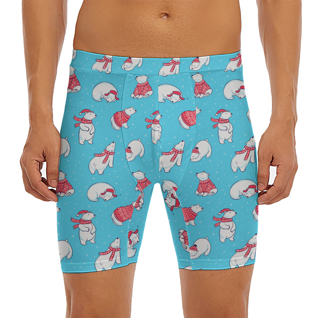 Xmas Polar Bear Pattern Print Men's Long Boxer Briefs