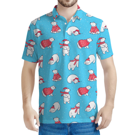 Xmas Polar Bear Pattern Print Men's Polo Shirt