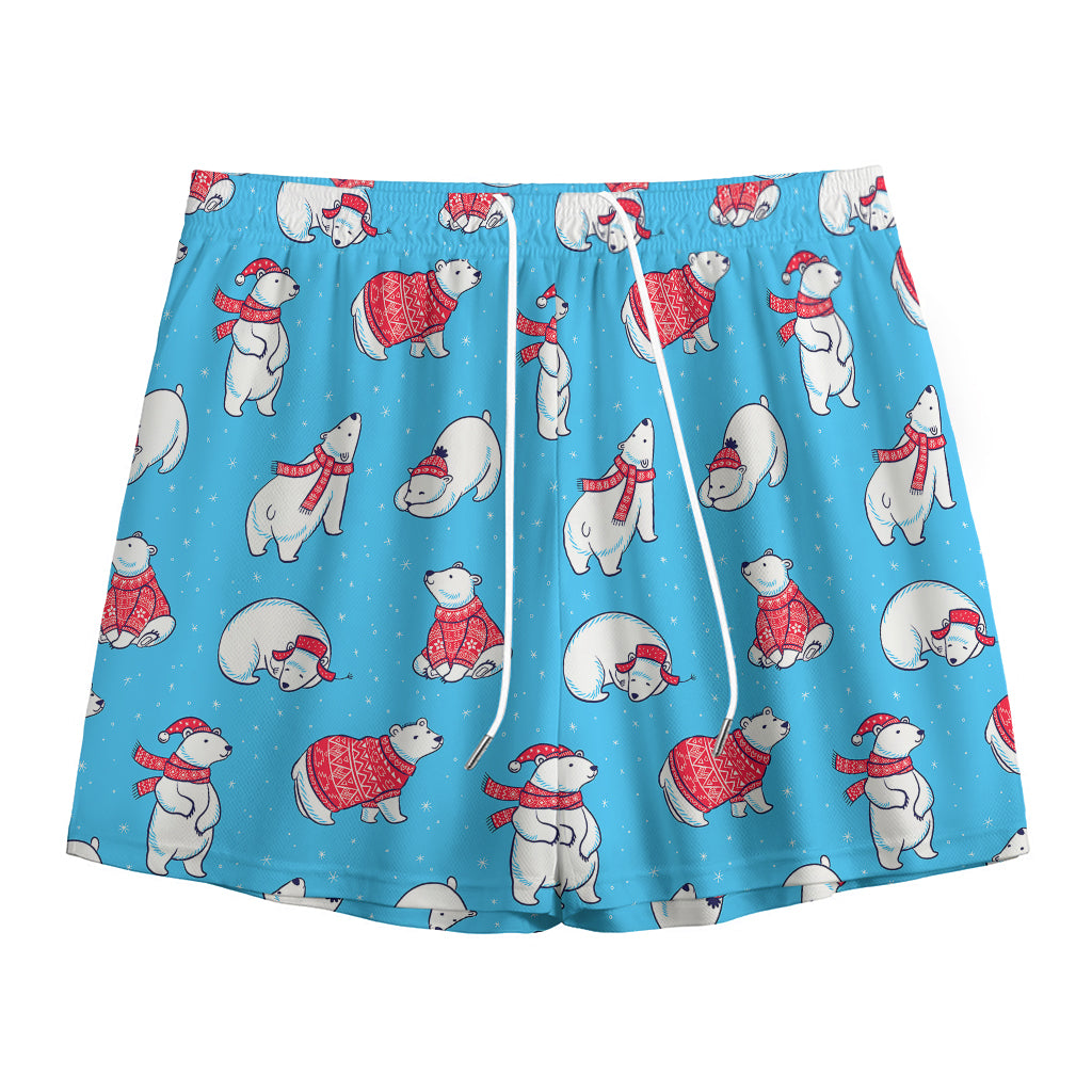 Xmas Polar Bear Pattern Print Mesh Shorts
