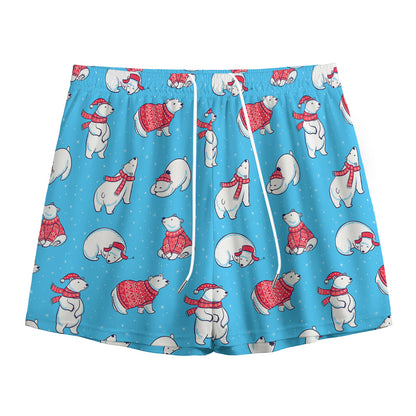Xmas Polar Bear Pattern Print Mesh Shorts