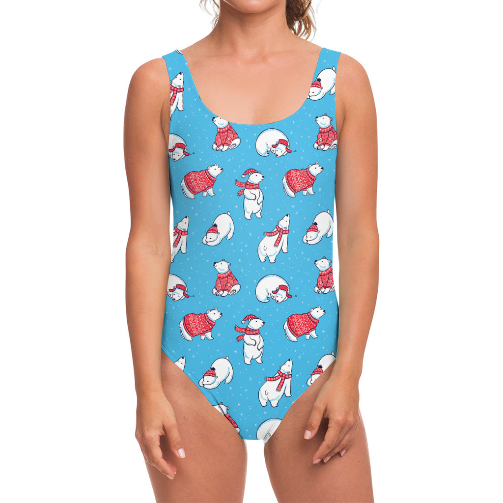 Xmas Polar Bear Pattern Print One Piece Swimsuit