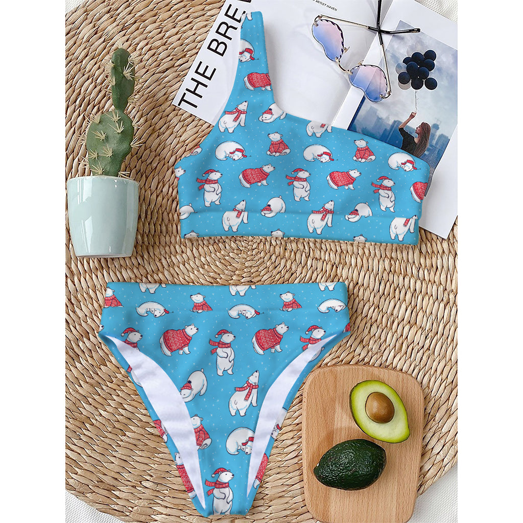 Xmas Polar Bear Pattern Print One Shoulder Bikini Top