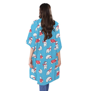 Xmas Polar Bear Pattern Print Open Front Beach Cover Up